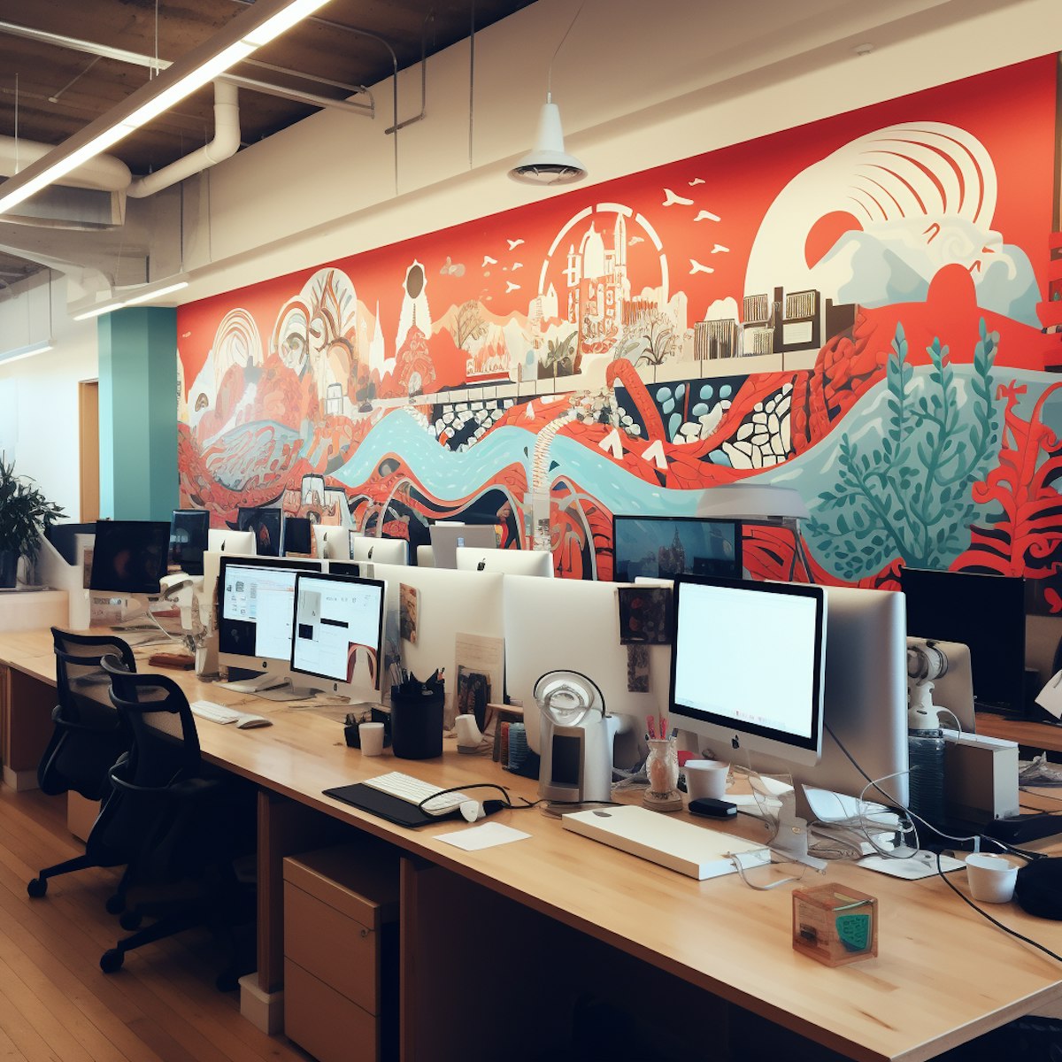 Modern office with sleek computers, vibrant mural, and industrial ceiling. Creative and organized workspace with a warm atmosphere.