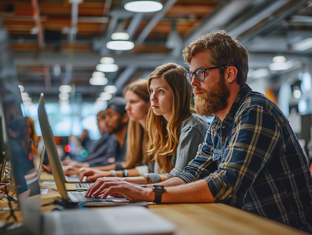 Young professionals working intently on laptops in a modern, open-plan office setting, showcasing teamwork and focus.